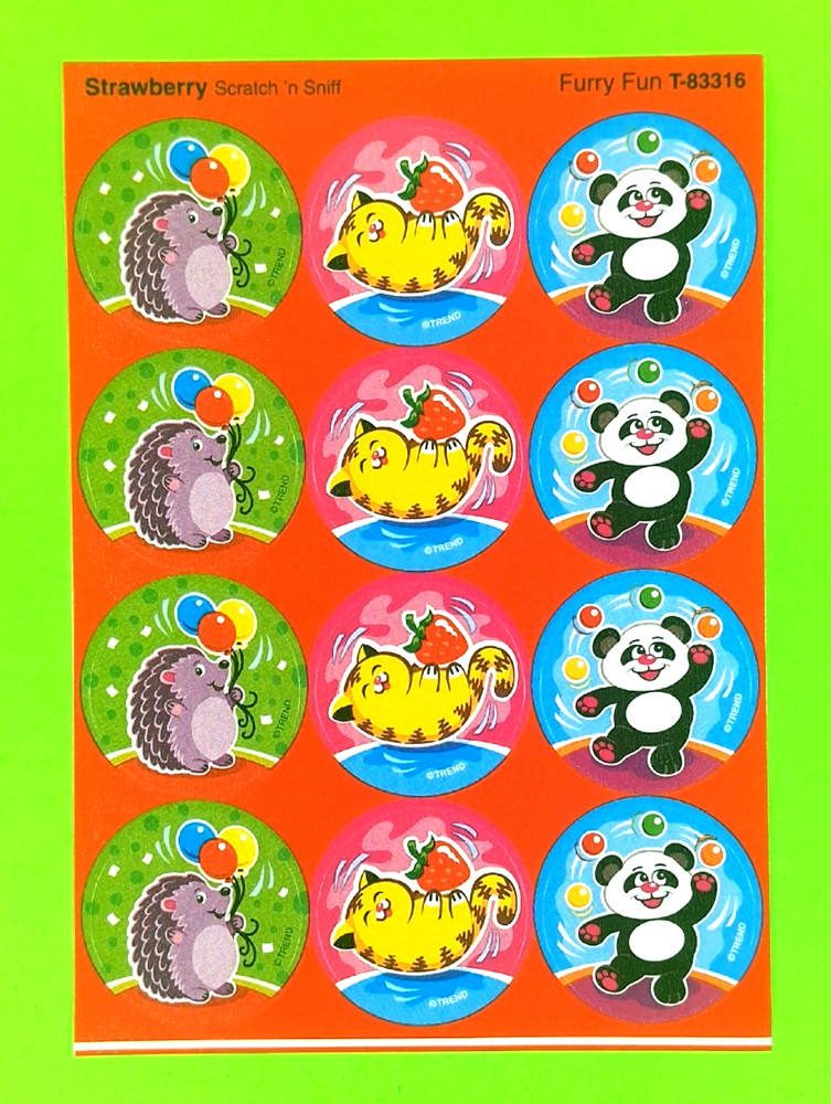 Strawberry Scented Scratch & Sniff Furry Fun Animals Sticker Sheet Retired