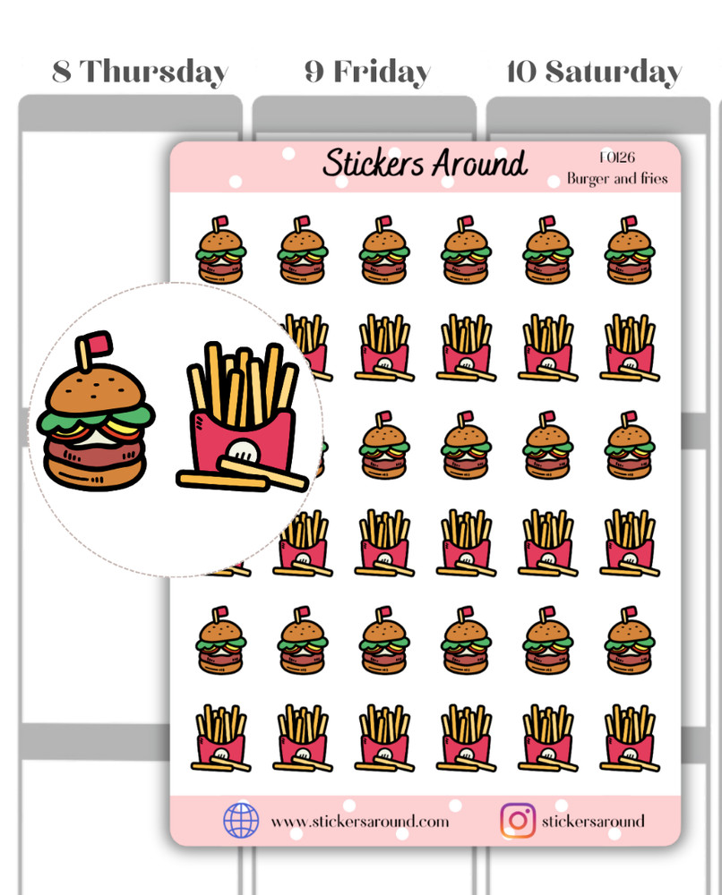 Burger and Fries Planner Sticker, Junk Food Sticker for Calendar & Scrapbook