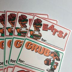 Vintage EATS GRUB CHOMP Book Label Sticker LOT x4 1980s 1990s Comic Graphic COOL
