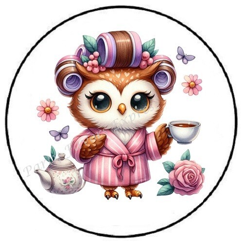 FUNNY OWL IN CURLERS WITH COFFEE ENVELOPE SEALS LABELS STICKERS PARTY FAVORS