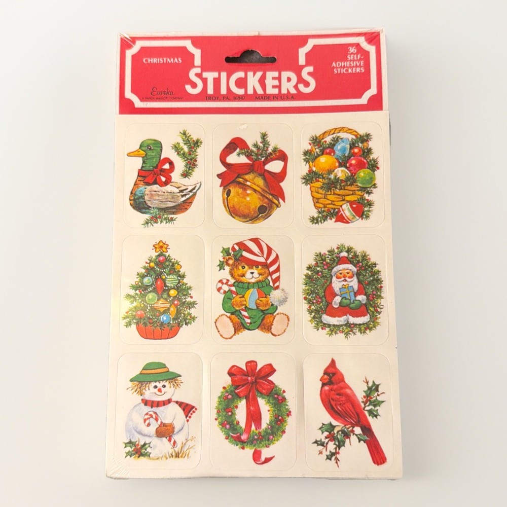 Vtg Eureka Christmas Animals Tree Santa Ornaments Wreath Unopened 36 Stickers