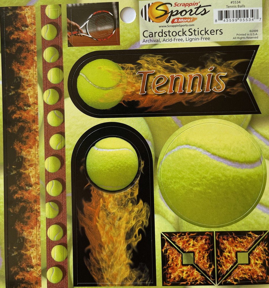 TENNIS BALLS Card-Stock Stickers(22pc) Scrappin’ Sports•Game•Racket￼•Net •Court