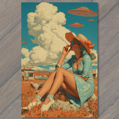 STICKER Retro Woman Smoking UFOs Over Desert Motels Blue Dress Orange Sky Sci