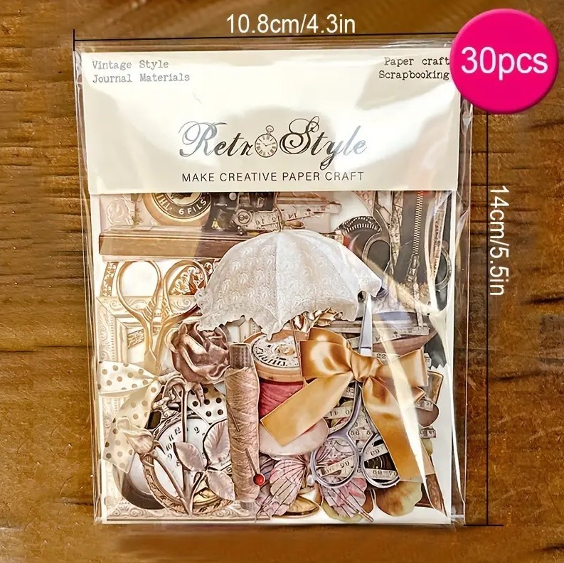 Retro Style 30-Piece Pack Sewing Ephemera Cutouts Journaling Crafts Scrapbooking