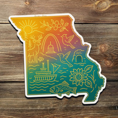 Missouri Sticker – Gold Foil State Art with Arch, Riverboat, Deer & Sunflower