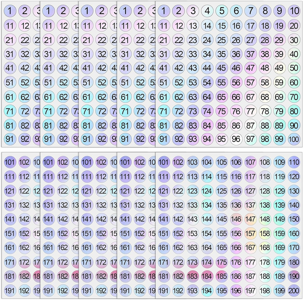 10 Sheets 1-200 Holographic Number Stickers 0.4″ Vinyl Laser Round Consecutive