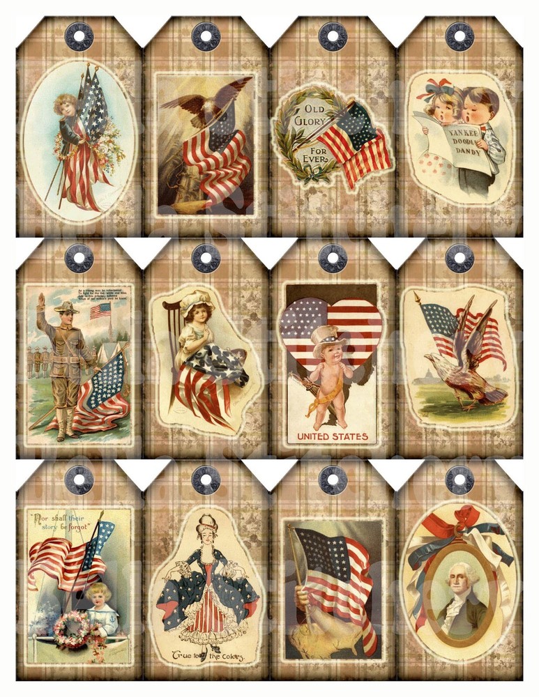 Set of 12 Vintage 4th of July Patriotic USA Tag – STICKERS – Just Cut & Use!