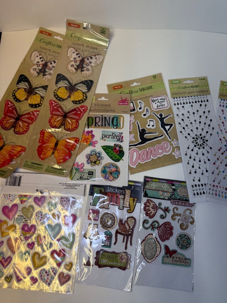 Large Scrapbooking Sticker Lot 10+ Packs Butterflies Gems Hearts Dance Craft Emb