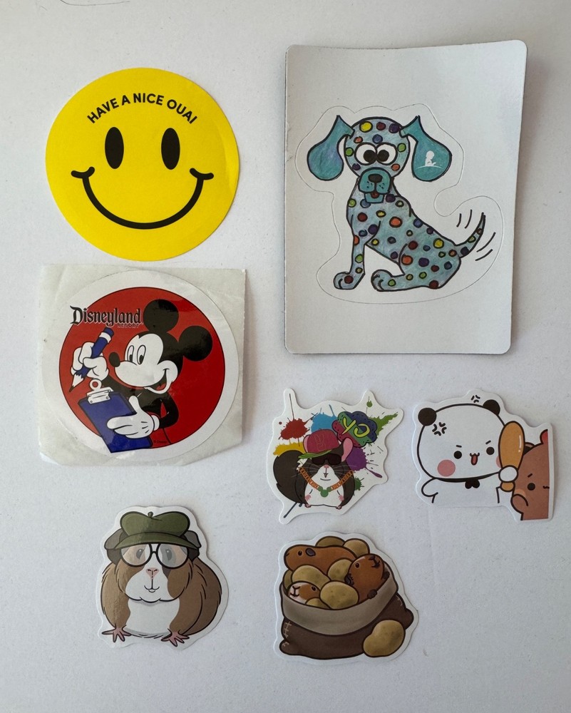 Assorted 7 Sticker & Magnet Lot Mickey Mouse Hipster Guinea Pig Cartoon Spaniel