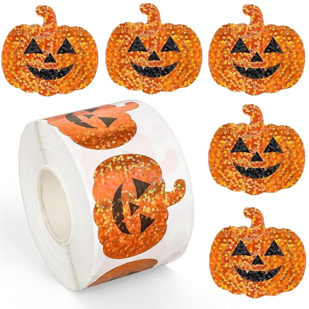 500Pcs Halloween Pumpkin Stickers Roll 1.2in Laser Smiling Orange