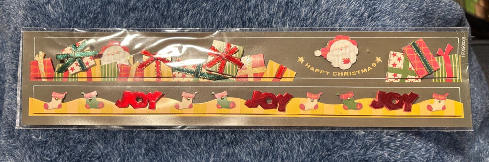 2 VINTAGE Handmade 3D Stickers CHRISTMAS BORDERS 12″ Santa Presents