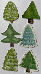 GREEN TREE ASSORTMENT Stickers(6pc)Christmas•Forest •Decorated•Trunk•Garden•