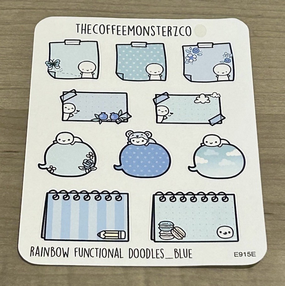 TheCoffeeMonsterzCo Rainbow Functional Doodles Blue Sticker Sheet TCMC Stickers