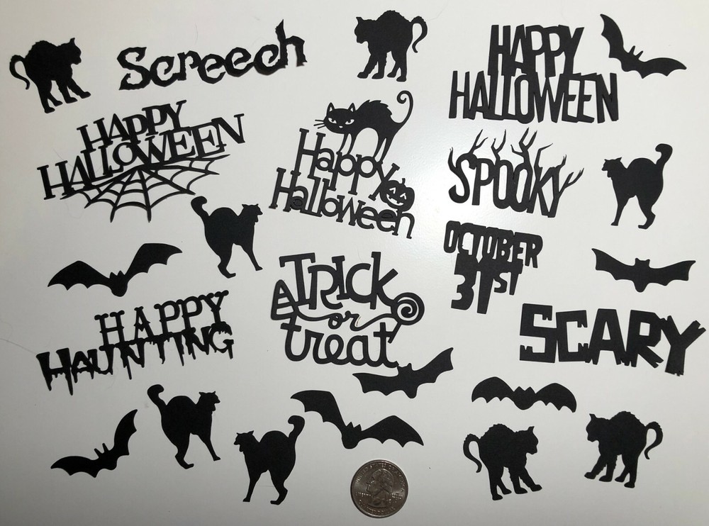24 pc. Silhouette Halloween Theme Die Cuts, Bats, Cats & Words-Any Color