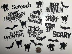 24 pc. Silhouette Halloween Theme Die Cuts, Bats, Cats & Words-Any Color
