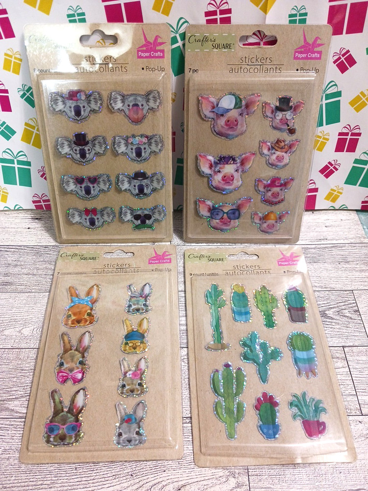 Dimensional foil stickers. 4 packs. 3-D Koala bears, bunny rabbits, pigs, cactus