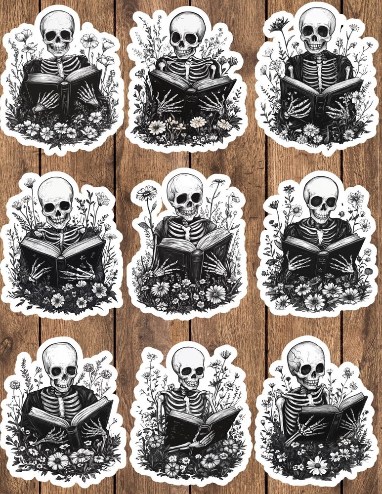 Skeleton Reading Book Die Cut Vinyl Stickers Scrapbooking Laptop Waterbottle