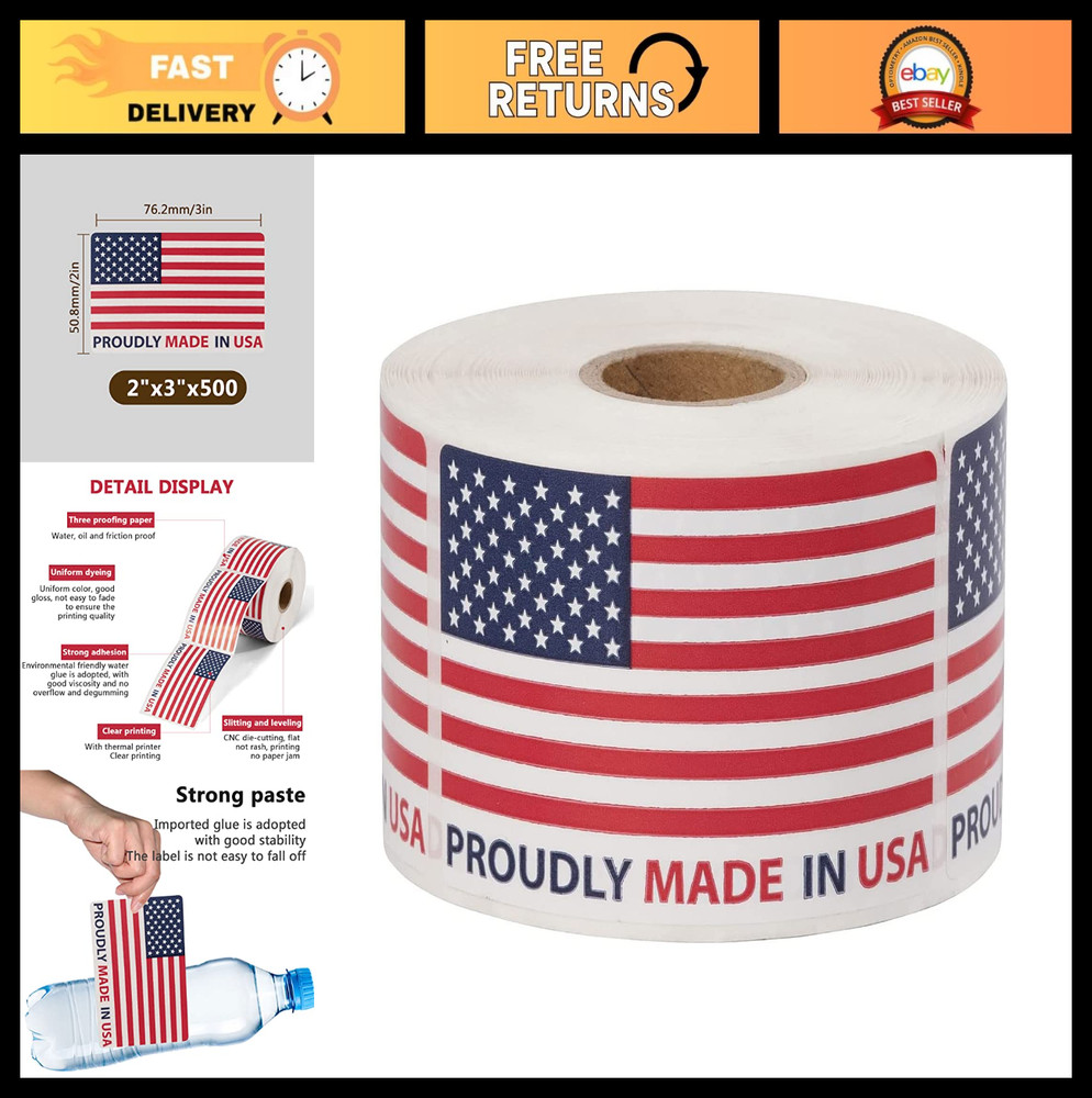 500Pcs American Flag Stickers 2″x3″ Made in USA for Product & Package Labeling