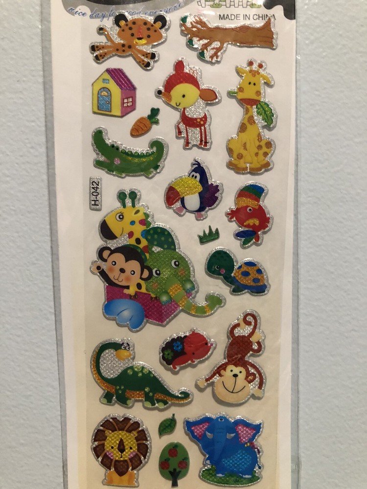 Cute Zoo Animals Glitter Puffy Sticker Sheet Scrapbook Kids Diary Rewards Party