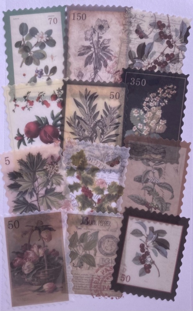 12 Botanical Plant Floral Washi Stickers w/ Postage Stamp Edges 2 3/4″ x 2″