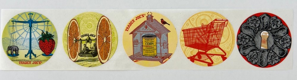 🍿5 Vintage TRADER JOES STICKERS strawberry oranges corn shopping cart keyhole