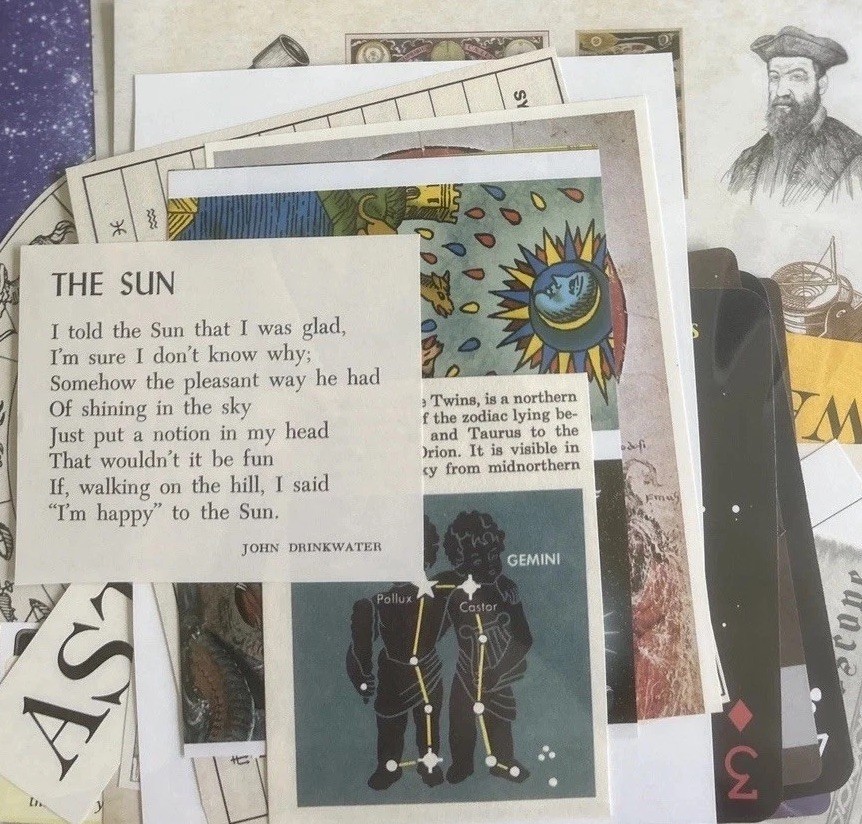CELESTIAL Astrology Kit Book pages & cutouts cards 70+ Lot Unique Junk journal