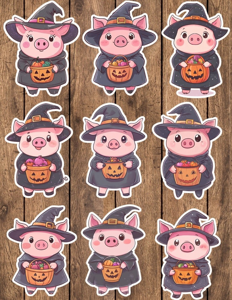 Halloween Witch Pig Die Cut Vinyl Stickers Set Scrapbooking Laptop Waterbottle