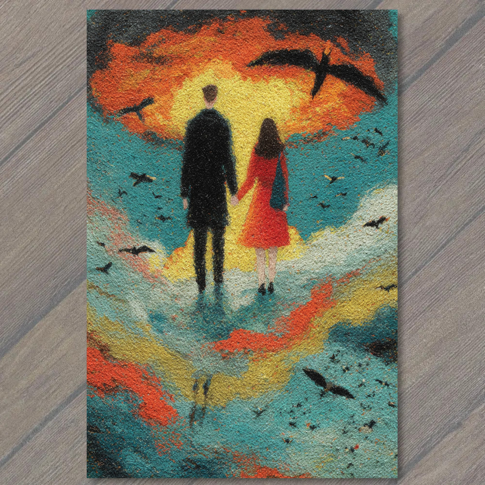 STICKER Couple Holding Hands Red Dress Blue Sky Birds Flying Surreal Romantic