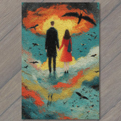 STICKER Couple Holding Hands Red Dress Blue Sky Birds Flying Surreal Romantic