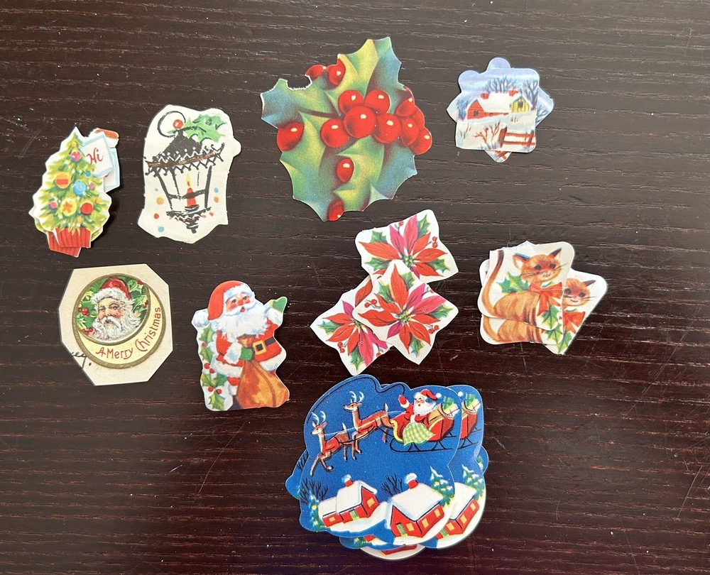 16 Assorted Christmas Stickers Santa Reindeer Kittens Poinsettias
