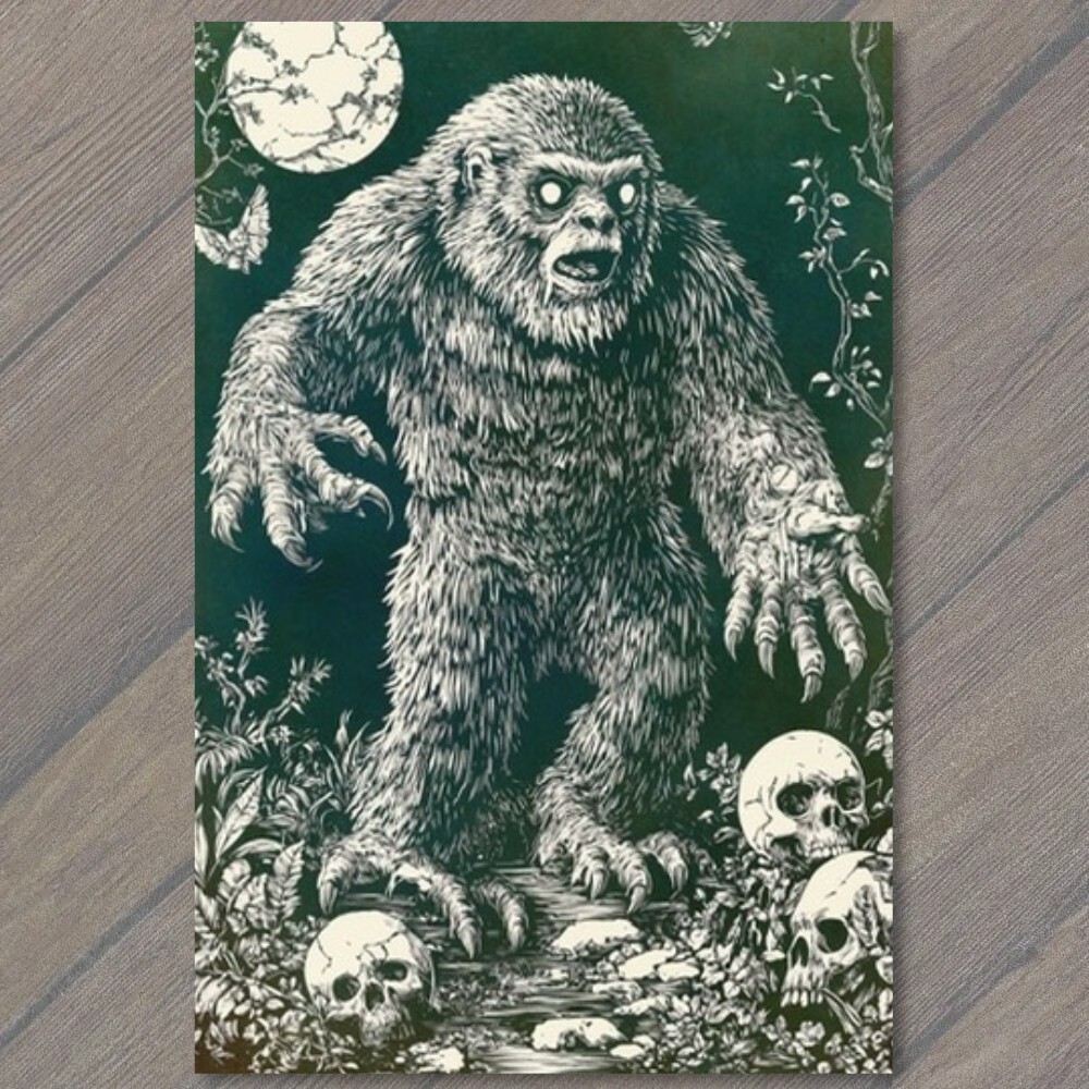 STICKER Bigfoot Walking Moonlit Forest Skulls Trees Mythical Creature Strange