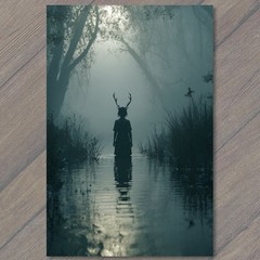 STICKER Antlered Silhouette Foggy Swamp Water Reflection Dark Gothic Noir