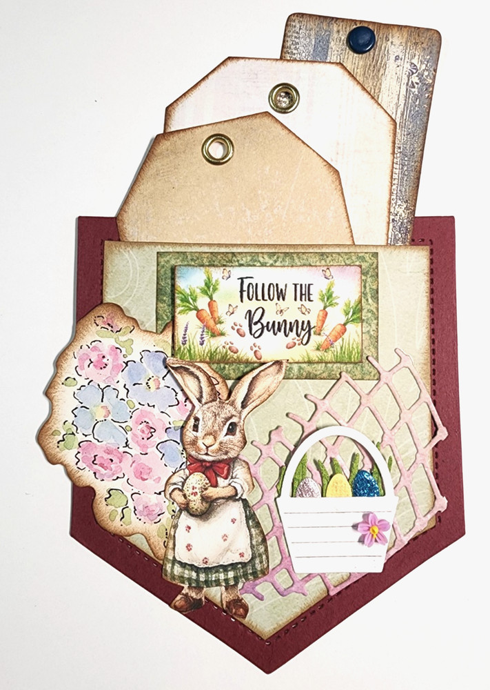 Easter Follow The Bunny Girl Rabbit Pocket Of Ephemera Tags OOAK #7 3D Handmade