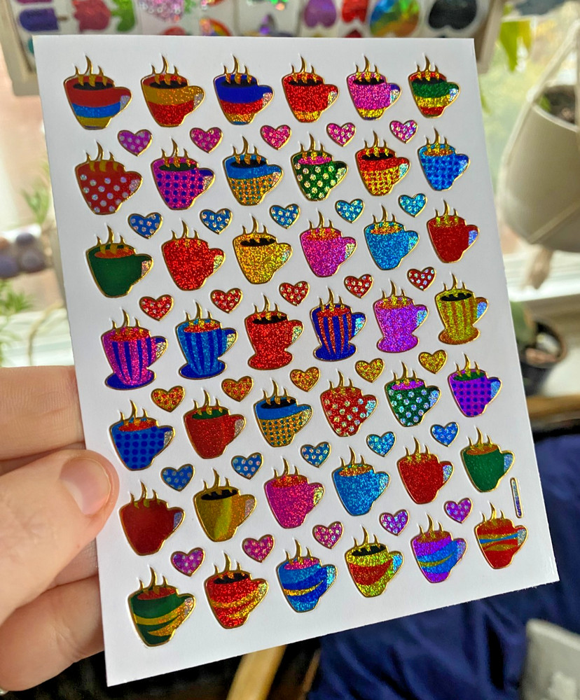 Sparkle Retro Coffee and Hearts Sheet (1 Sheet, 4×5 In., .5-.75 In. Stickers)