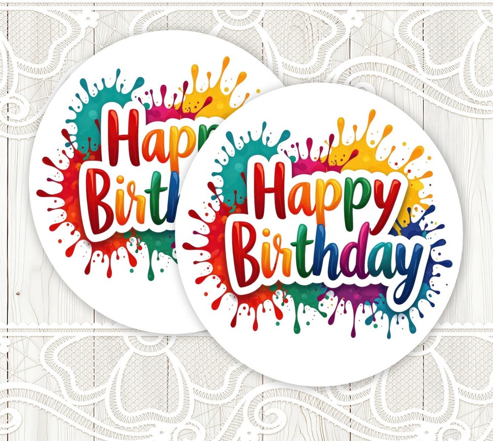 Happy Birthday Rainbow Splatter Stickers Round Matte Labels Seals Favors