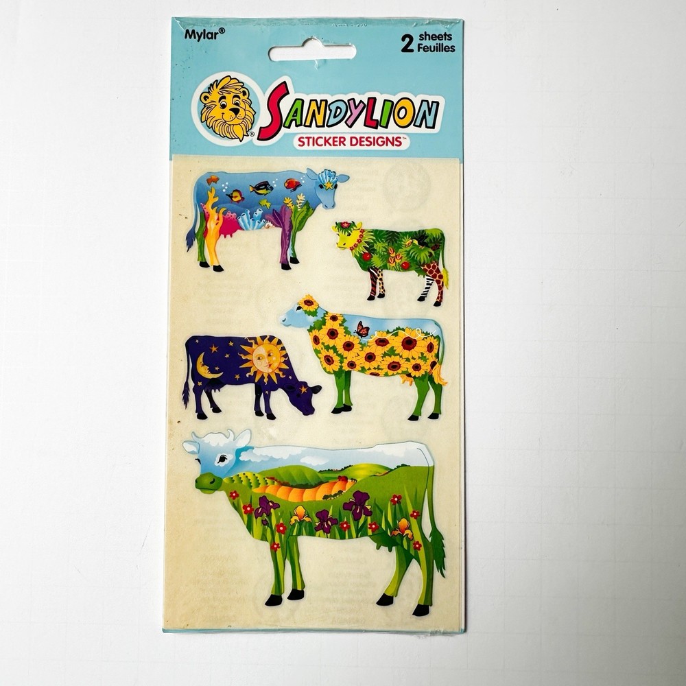 Vintage Sandylion Cow Stickers NOS Sealed Mylar 2 Sheet Y2K Sunflower Fish Scene