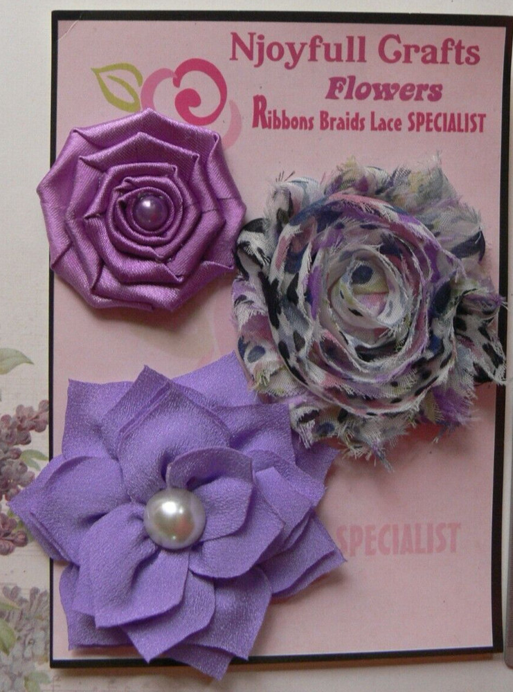 LAVENDER & ORCHID Organza Satin Cotton 3 Flower Pk 40-70mm Njoyfull Crafts V1