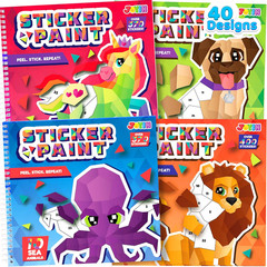 4 Pack Sticker Paint Books for Kids Travel Crafts Safari Unicorn Sea Animals Set
