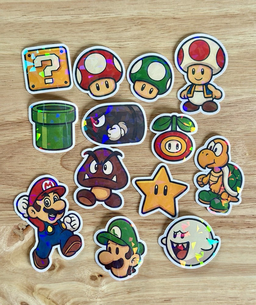 13 Pcs Super Mario Holographic Stickers Vinyl Decals for Laptop Journal Tumbler