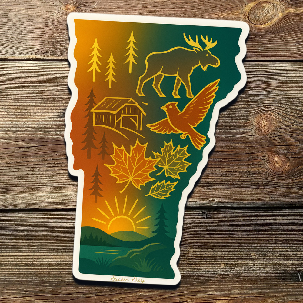 Radiant Vermont Sticker – Gold Foil Moose, Cardinal, Maple Leaves & Forest Scene