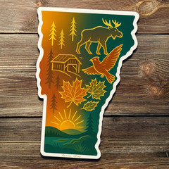 Radiant Vermont Sticker – Gold Foil Moose, Cardinal, Maple Leaves & Forest Scene