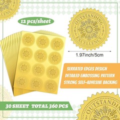 360 Pcs 2 Inches Gold Foil Certificate Seals Self Adhesive Embossed Seals Round