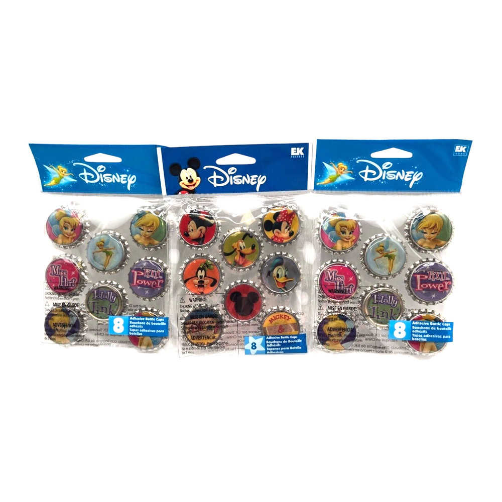 Tinkerbell Mickey Pluto Minnie Mouse Goofy Bottle Caps 24 total Lot of 3 NOS