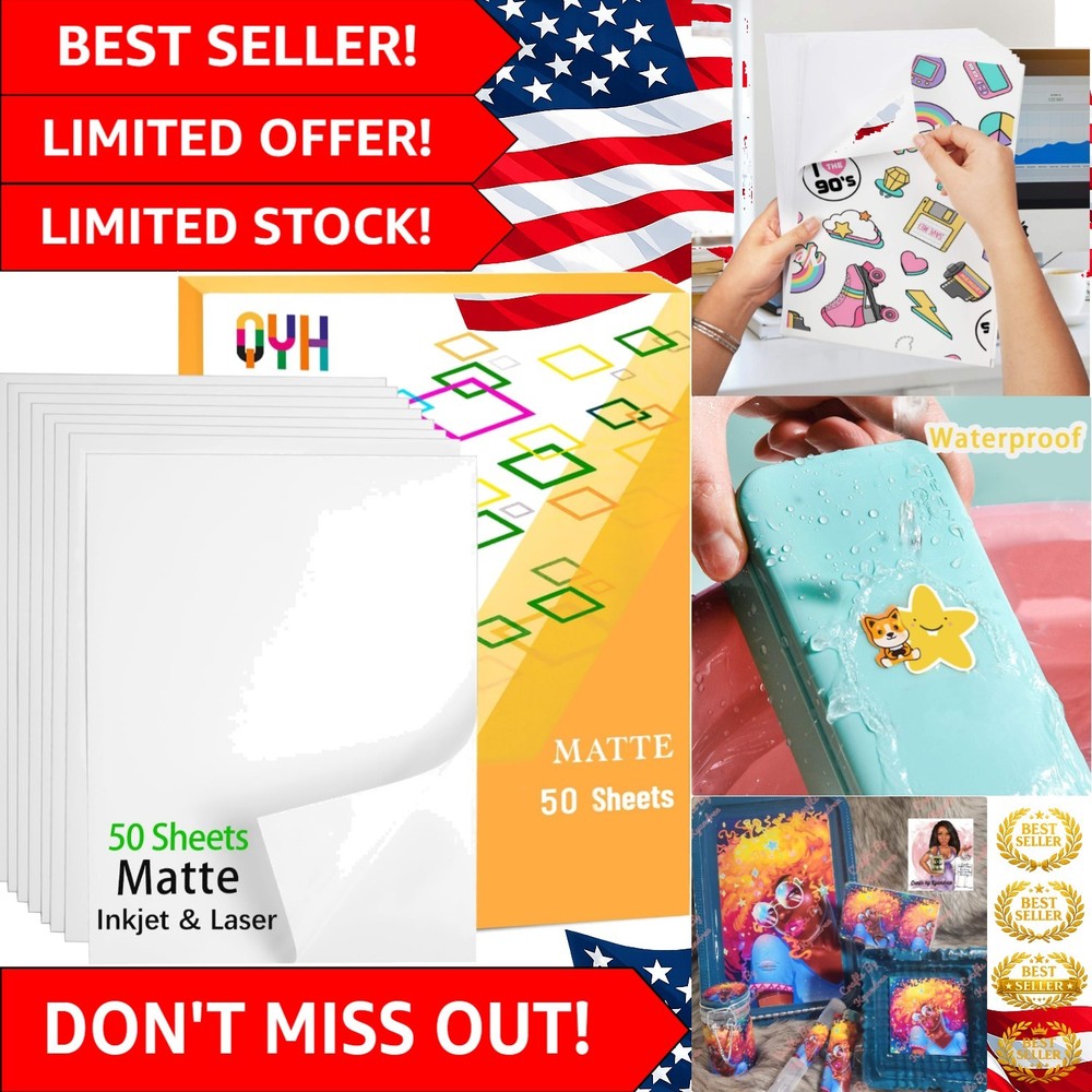 Matte White Vinyl Sticker Paper 8.5″x11″ – 50 Sheets, Waterproof for Crafting