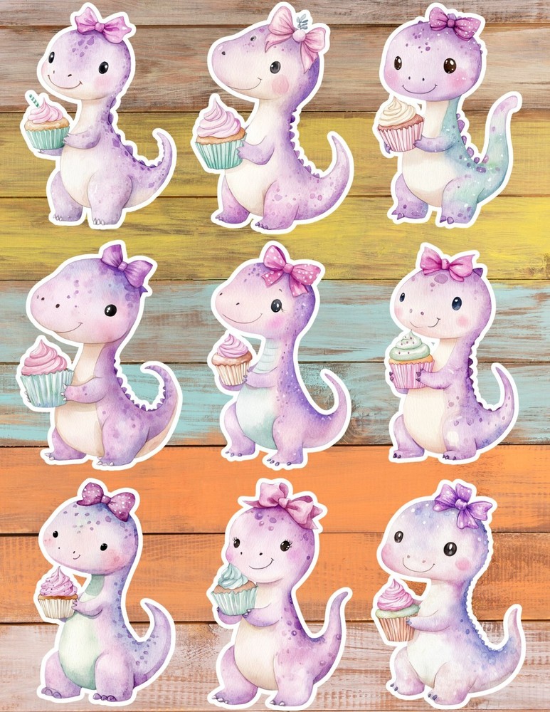 Purple Cupcake Dino Vinyl Die Cut Stickers Set Scrapbooking Laptop Waterbottle