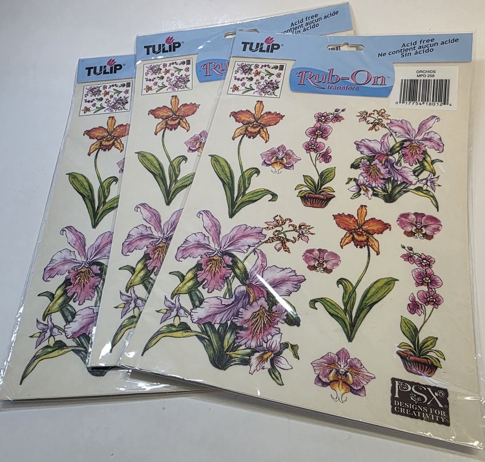3x Rub On Transfer Flowers Orchids Acid Free 2002 Small Tulip Brand1 Sheet 7×10