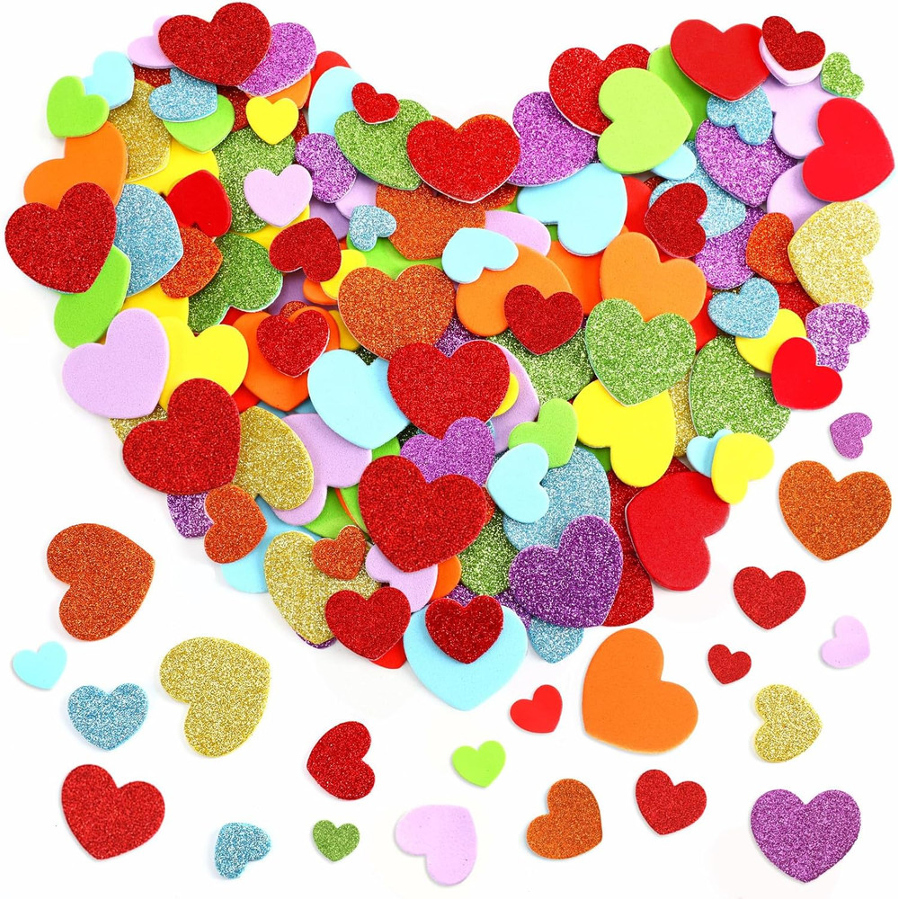 600 Pieces Foam Hearts Stickers, Valentines Day Glitter and Matte Self-Adhesive