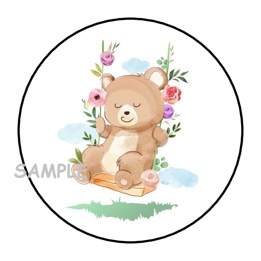 30 CUTE TEDDY BEAR ON SWING ENVELOPE SEALS LABELS STICKERS 1.5″ ROUND FLOWERS