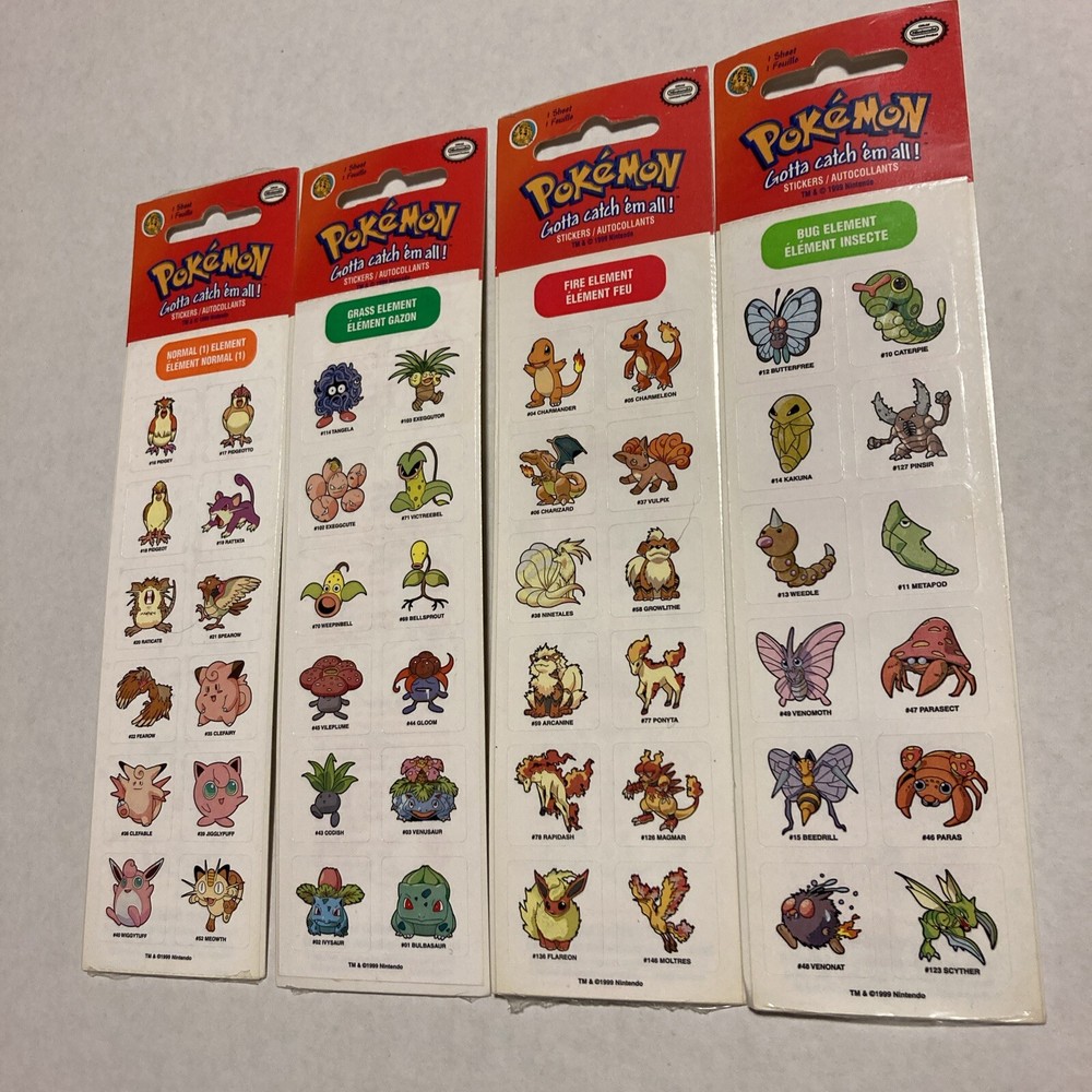 Lot of 4 Pokémon 1999 Sealed Sticker Packs: Normal, Grass, Fire, Bug Elements