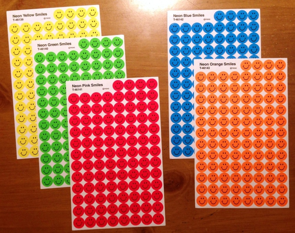 5 Sheets NEON Happy SMILE Face 500 Scrapbook Stickers Orange Yellow Green Blue